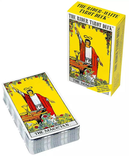 Rider-Waite Tarot Magician card prominently displayed on top of the yellow US Games Systems deck box.