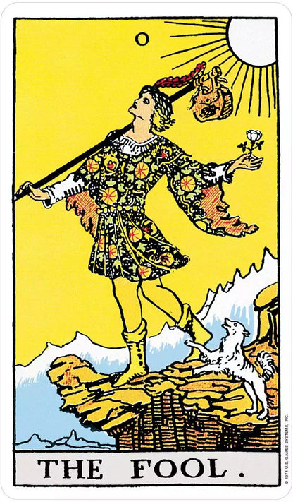 The Fool Rider-Waite Tarot card showing a young man in colorful clothes on a cliff edge with a small dog at his heels.