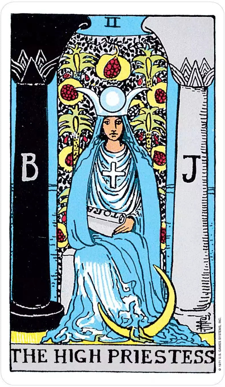 The High Priestess Rider-Waite Tarot card showing a seated woman in blue robes holding a scroll with a crescent moon at her feet.