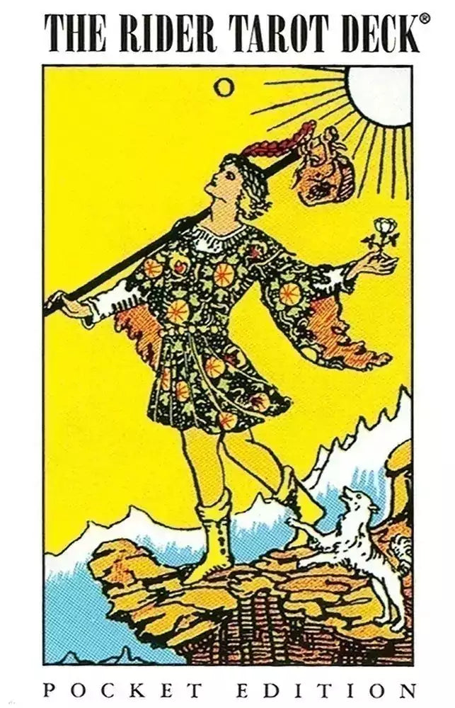 Rider-Waite Pocket Tarot Deck — The Fool card showing a colorfully dressed figure on a cliff edge with dog, from the classic 78-card RWS deck in compact pocket-friendly size.