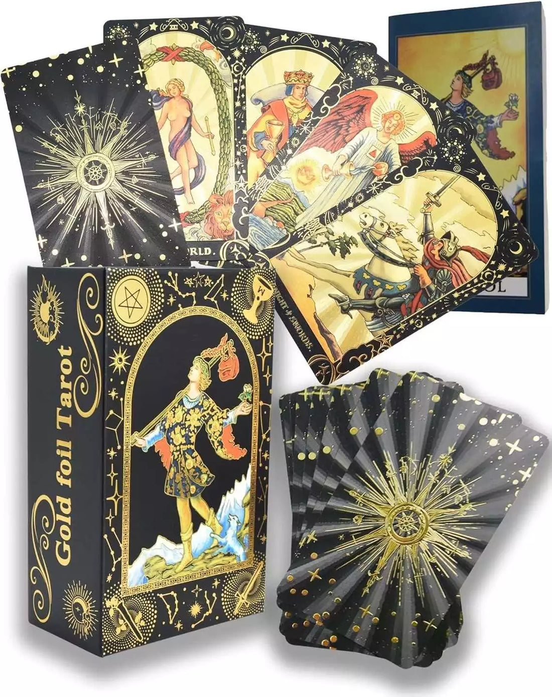 Gold Foil Rider-Waite Tarot cards displayed alongside their decorative box — luxury collector edition with gold overlay on RWS imagery.