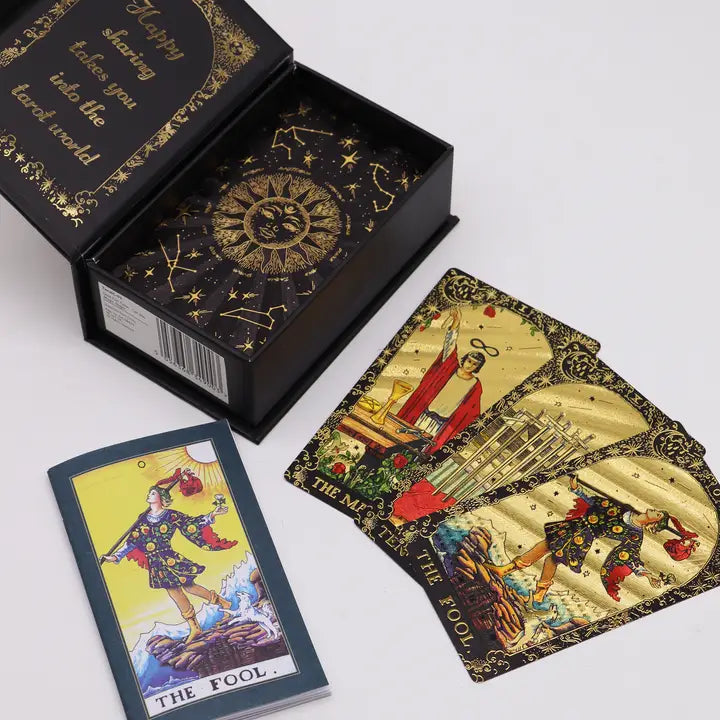 Gold Foil Rider-Waite Tarot showing The Fool card with gold foil decoration on the traditional Pamela Colman Smith illustration.