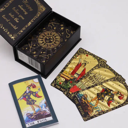 Gold Foil Rider-Waite Tarot showing The Fool card with gold foil decoration on the traditional Pamela Colman Smith illustration.