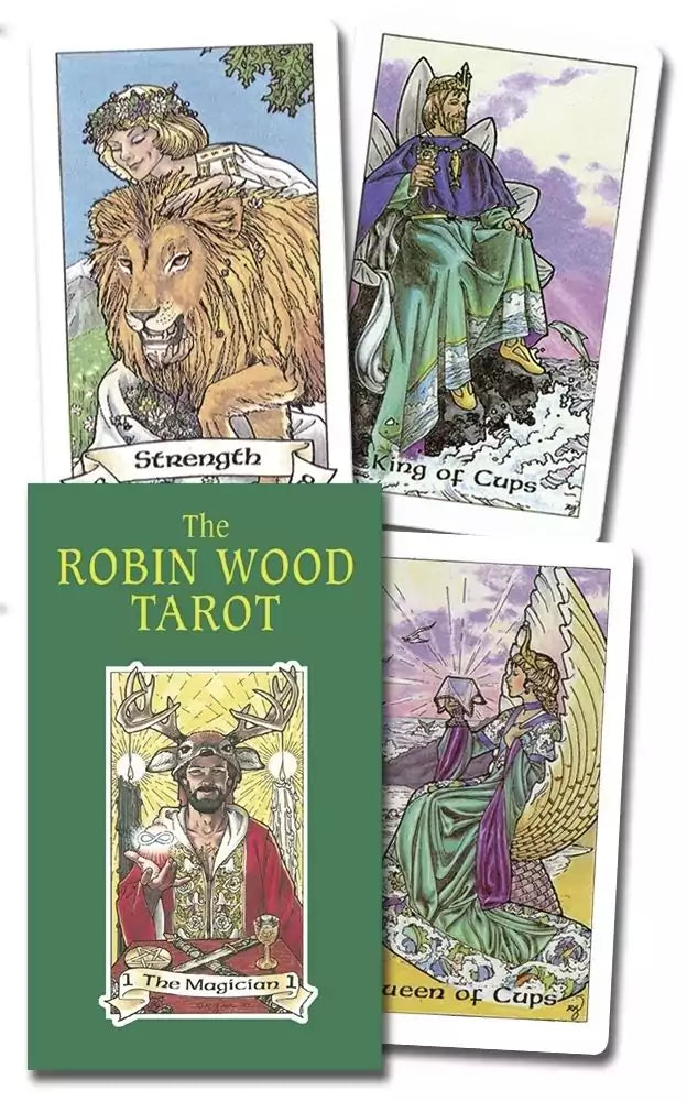 Robin Wood Tarot deck four cards displayed — Strength, King of Cups, Queen of Cups, and box showing The Magician in warm pagan-inspired Wiccan artwork.