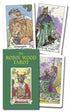 Robin Wood Tarot deck four cards displayed — Strength, King of Cups, Queen of Cups, and box showing The Magician in warm pagan-inspired Wiccan artwork.