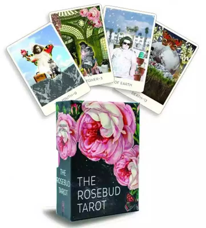 Rosebud Tarot deck by Harper and Stilwell showing floral rose-forward card designs and the box with botanical illustration, from Llewellyn Publications.