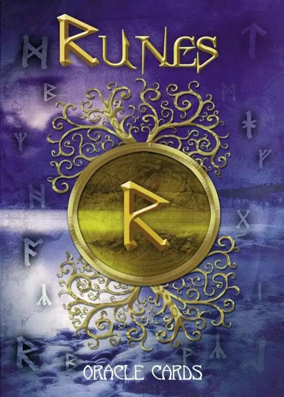Rune Oracle Cards by Cosimo Musio — illustrated oracle card set featuring a prominent Elder Futhark rune in gold against purple background with intricate designs and Norse symbolism.