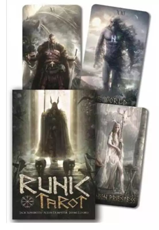 Runic Tarot by Sephiroth and Dempster showing deck box and card backs with Norse runic imagery, tarot deck fusing Elder Futhark rune magic with classical tarot archetypes