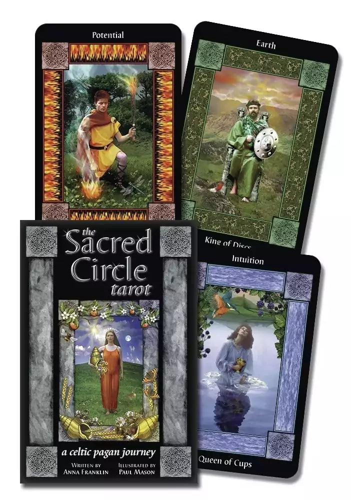 Sacred Circle Celtic Pagan Tarot four cards — Potential, Earth, King of Cups, and Queen of Cups with rich Celtic imagery and wheel-of-year symbolism.