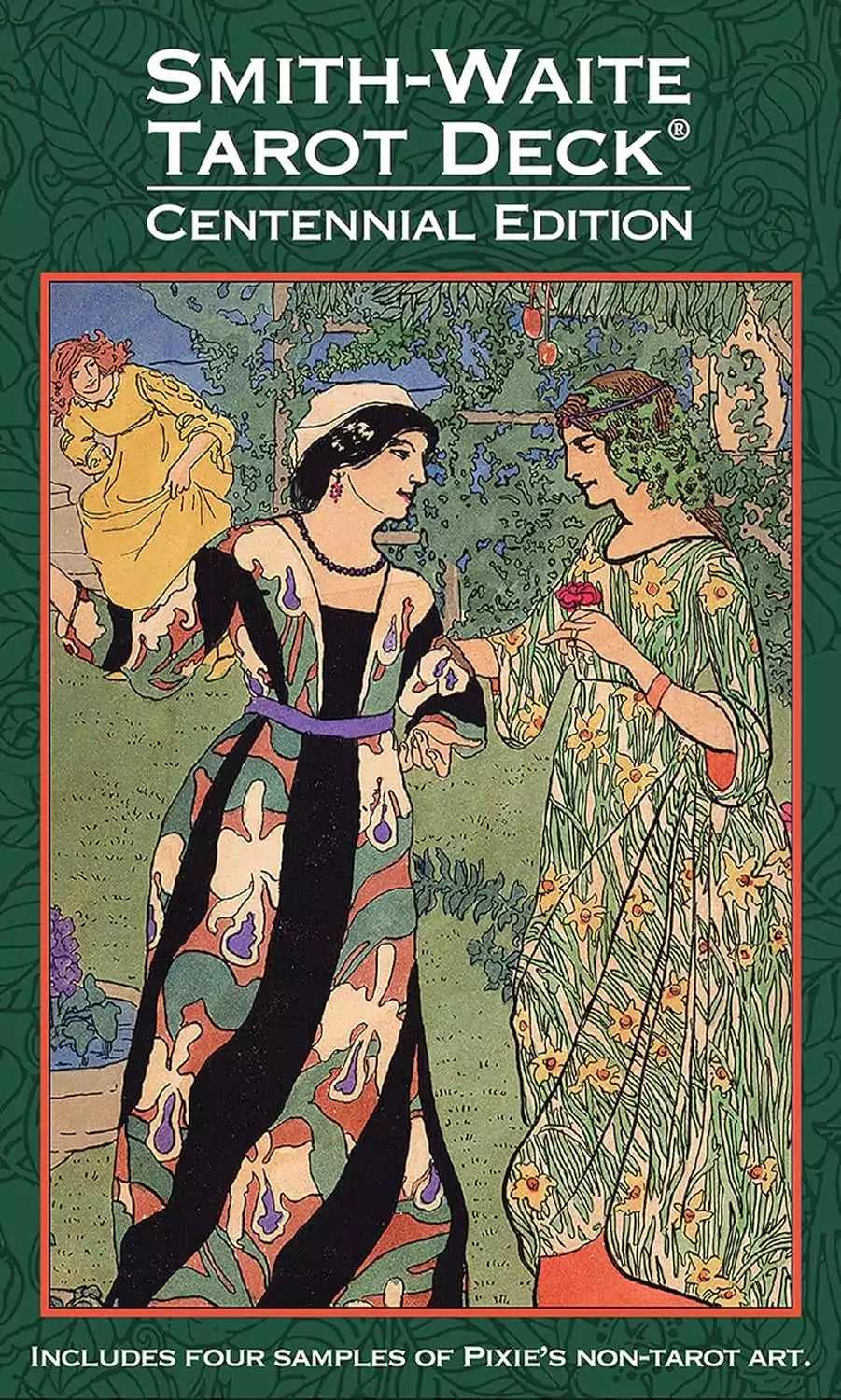 Smith-Waite Tarot Centennial Edition deck cover featuring two women in colorful dresses with decorative background — borderless edition celebrating Pamela Colman Smith&