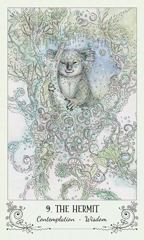 Spiritsong Tarot card depicting a koala in a nature-themed illustration surrounded by detailed foliage and bubbles.