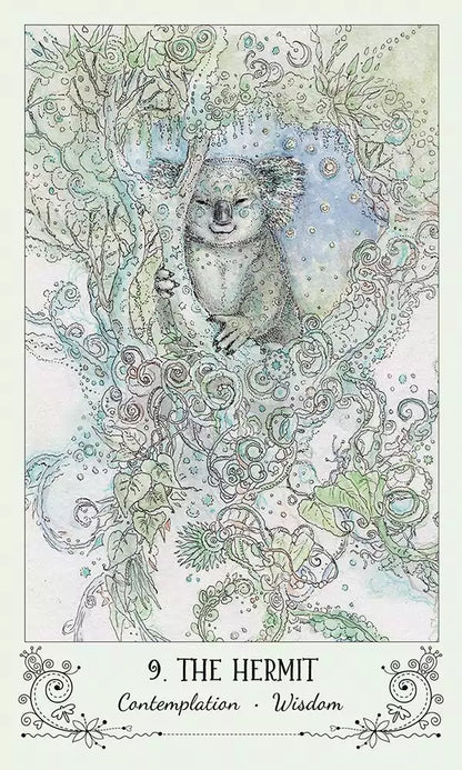 Spiritsong Tarot card depicting a koala in a nature-themed illustration surrounded by detailed foliage and bubbles.