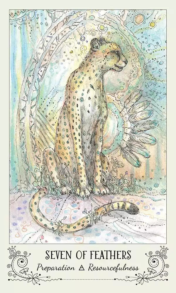 Spiritsong Tarot card showing a stylized leopard sitting gracefully surrounded by abstract patterns and vibrant colors.