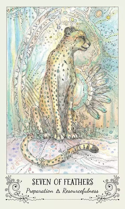 Spiritsong Tarot card showing a stylized leopard sitting gracefully surrounded by abstract patterns and vibrant colors.