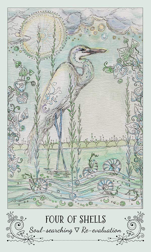 Spiritsong Tarot card depicting a heron standing in a tranquil setting surrounded by shells and aquatic plants.