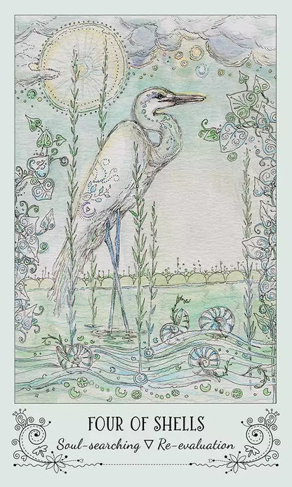 Spiritsong Tarot card depicting a heron standing in a tranquil setting surrounded by shells and aquatic plants.