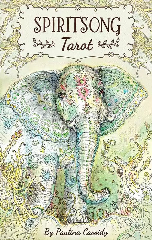 Spiritsong Tarot deck box featuring an illustrated elephant adorned with intricate patterns against a warm background.