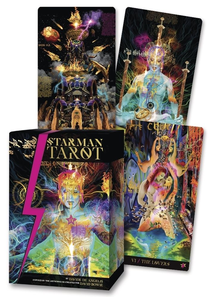 Starman Tarot deck box showing Davide De Angelis’ cosmic futurism illustration style, a 78-card RWS-based deck with companion guidebook.