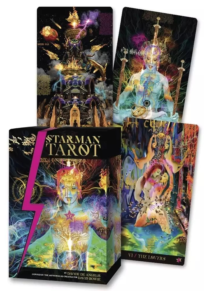 Starman Tarot deck box showing Davide De Angelis’ cosmic futurism illustration style, a 78-card RWS-based deck with companion guidebook.