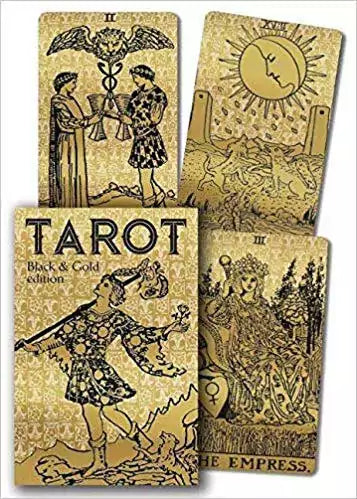 Tarot Black and Gold London 1909 deck box showing gold-illustrated Rider-Waite-Smith artwork on a black background, collector’s edition.