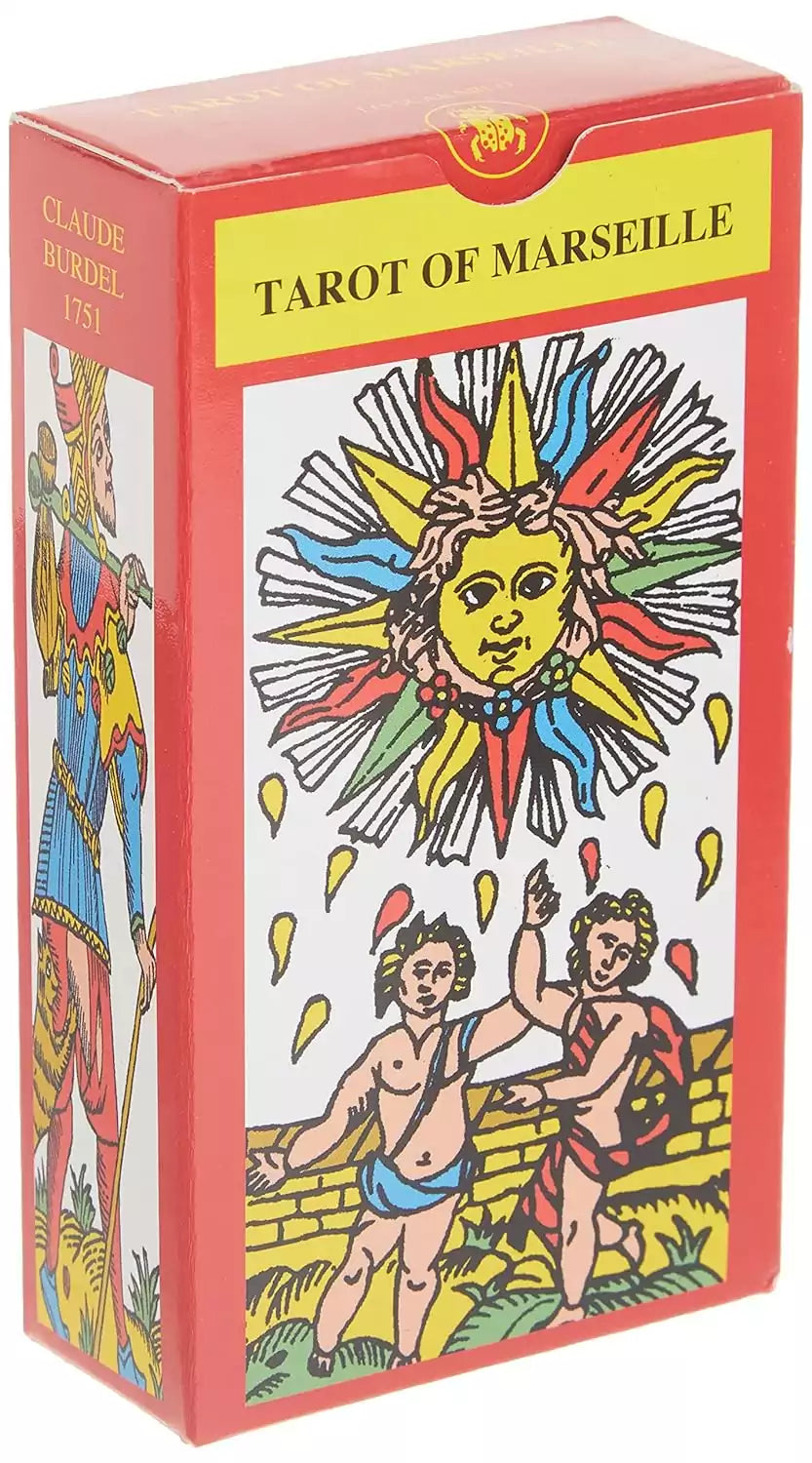 Tarot of Marseille Claude Burdel Lo Scarabeo deck box — red box featuring the Sun card with children and traditional Marseille tarot artwork.