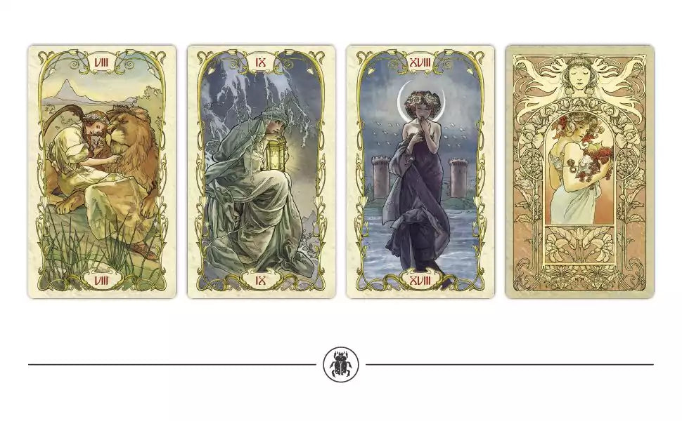 Four Tarot Mucha cards showing a lion scene, a nature-surrounded woman, a robed figure by water, and a celestial being with a child — unique Art Nouveau symbolism.