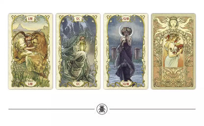 Four Tarot Mucha cards showing a lion scene, a nature-surrounded woman, a robed figure by water, and a celestial being with a child — unique Art Nouveau symbolism.