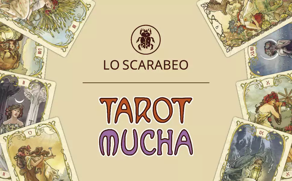 Tarot Mucha card spread fanned around the title &