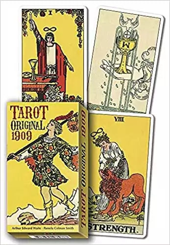 Vintage-style Tarot Original 1909 card deck by Waite and Smith from Lo Scarabeo showing three classic Rider-Waite-Smith cards in original 1909 colors
