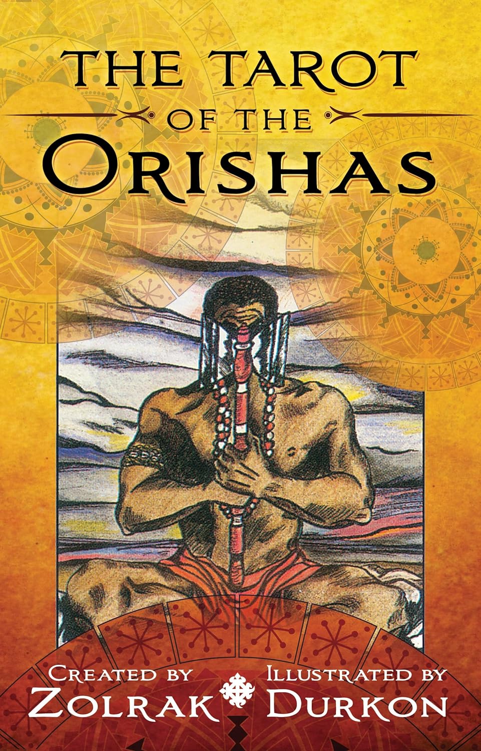 Tarot of the Orishas Deck by Zolrak — vibrant book cover and card set featuring a figure playing flute surrounded by intricate Afro-Brazilian Orisha-themed patterns and symbolism.