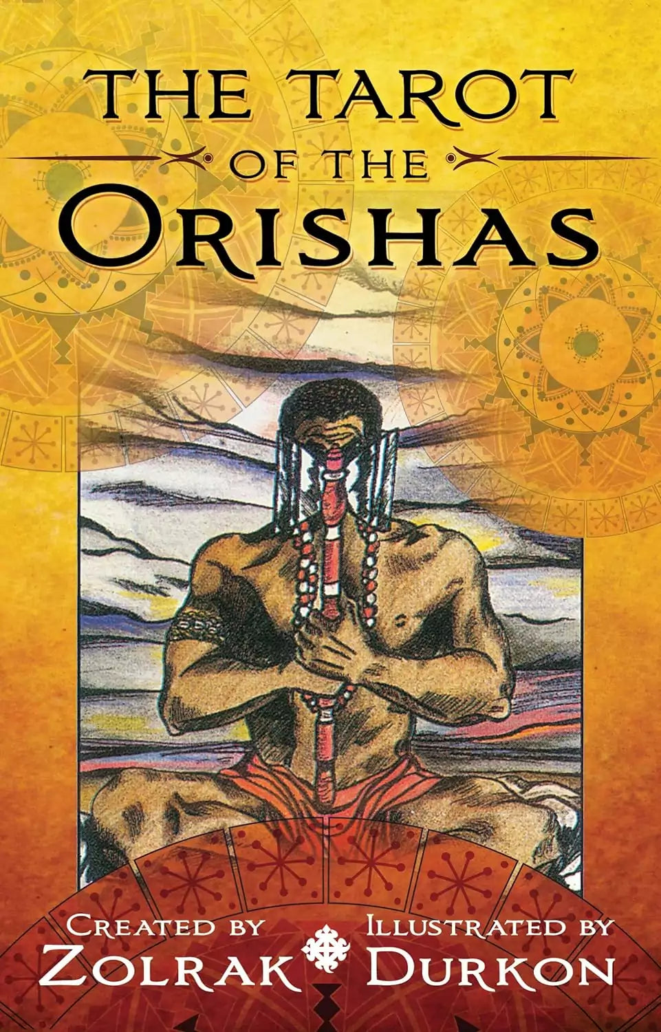 Tarot of the Orishas Deck by Zolrak — vibrant book cover and card set featuring a figure playing flute surrounded by intricate Afro-Brazilian Orisha-themed patterns and symbolism.
