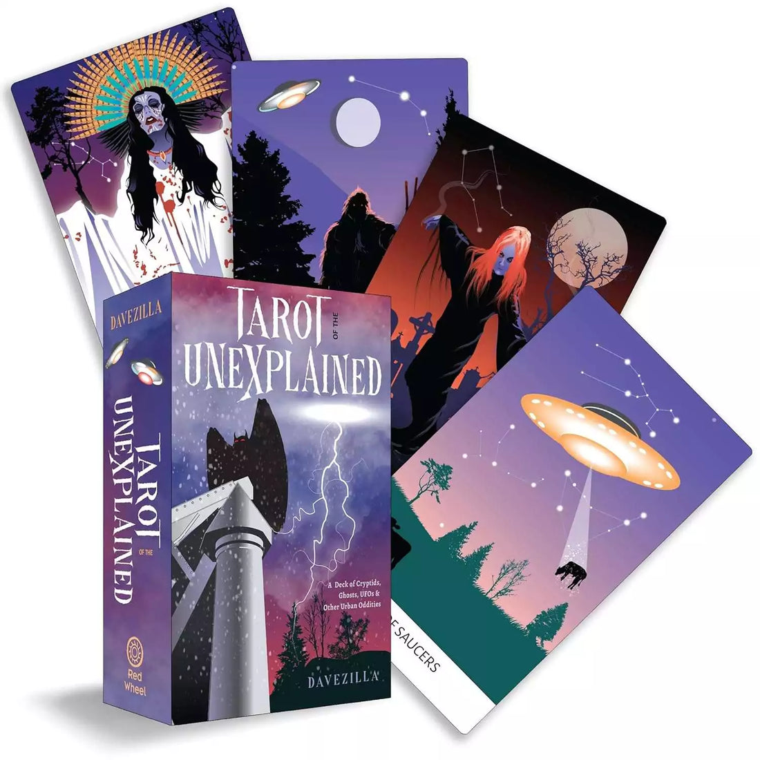 Tarot of the Unexplained deck box featuring cryptid and urban oddity themed tarot art by Davezilla, showing the box cover design.