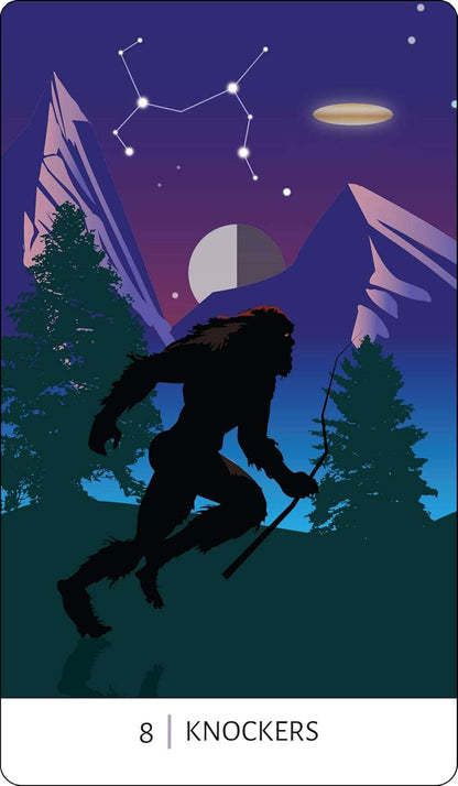 Sample card from Tarot of the Unexplained showing a cryptid-themed tarot illustration with bold, graphic artwork by Davezilla.