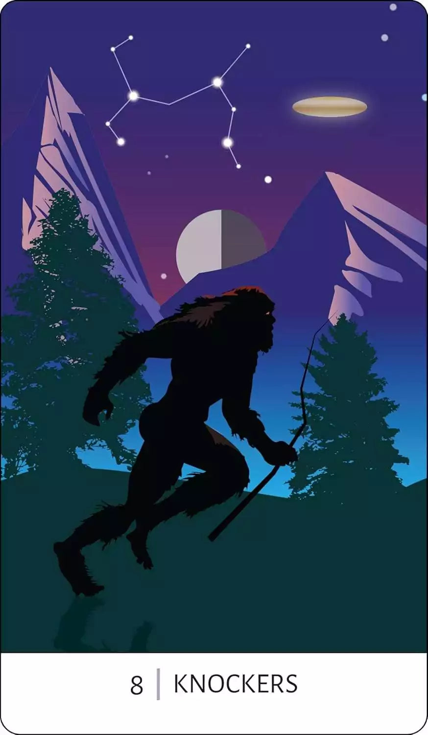 Sample card from Tarot of the Unexplained showing a cryptid-themed tarot illustration with bold, graphic artwork by Davezilla.