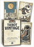 Tarot Vintage deck by Lo Scarabeo showing aged sepia-toned Sun card and other classic RWS cards alongside the box — a 2021 linen-finish antique-style Waite-Smith edition.
