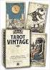 Tarot Vintage deck by Lo Scarabeo showing aged sepia-toned Sun card and other classic RWS cards alongside the box — a 2021 linen-finish antique-style Waite-Smith edition.
