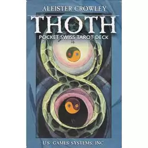 Thoth Pocket Swiss Tarot Deck cover by Crowley and Harris — compact travel-size edition with yin-yang and swirling blue design from the classic Thelemic tarot.