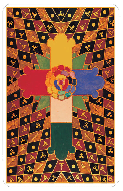 Thoth Tarot abstract design card with a central cross surrounded by geometric patterns, floral motifs, and vibrant saturated color fields.