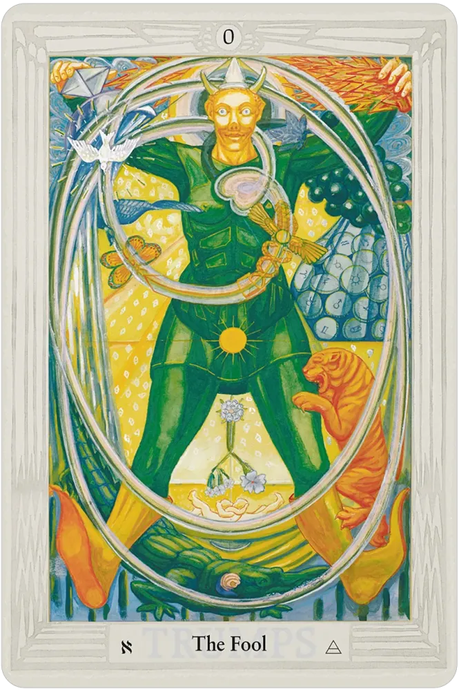 Thoth Tarot card The Fool depicting a figure with a playful expression surrounded by colorful esoteric symbols and vivid background.