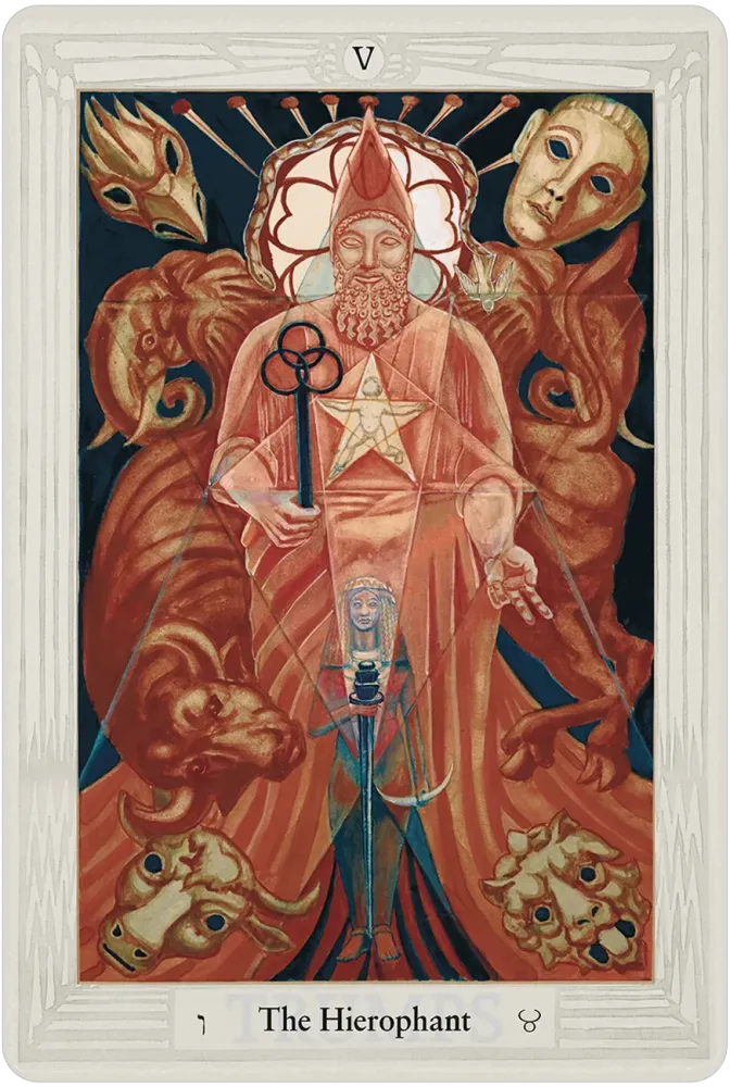 Thoth Tarot Hierophant card showing a central figure holding keys surrounded by symbolic faces, creatures, and esoteric imagery.