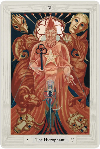 Thoth Tarot Hierophant card showing a central figure holding keys surrounded by symbolic faces, creatures, and esoteric imagery.
