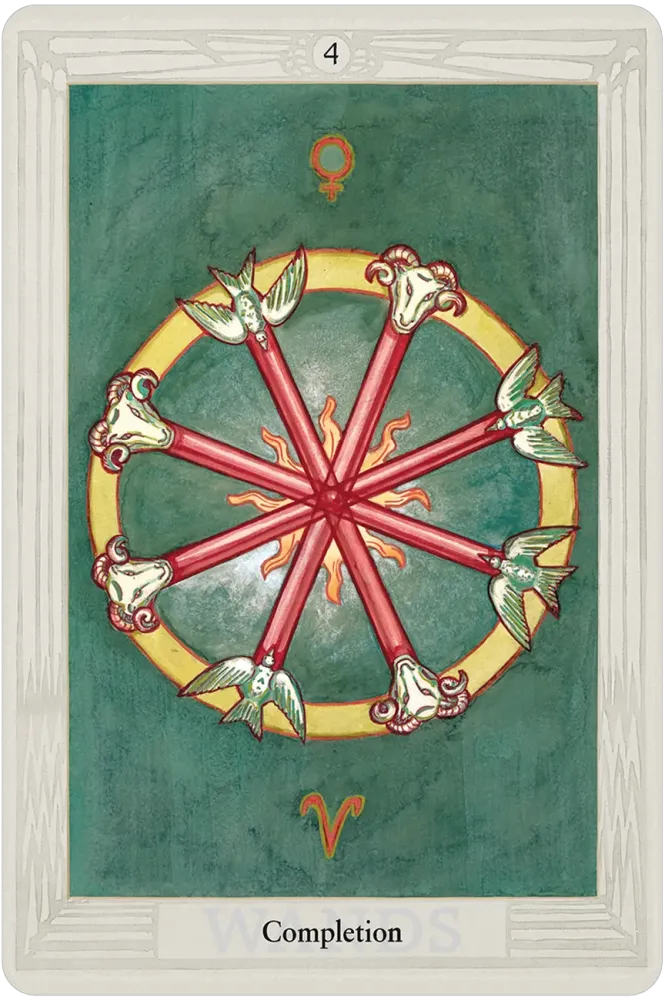 Thoth Tarot card with eight red wands arranged symmetrically in a circular pattern adorned with floral elements and golden details.