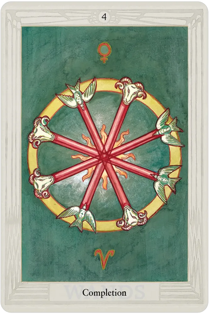 Thoth Tarot card with eight red wands arranged symmetrically in a circular pattern adorned with floral elements and golden details.