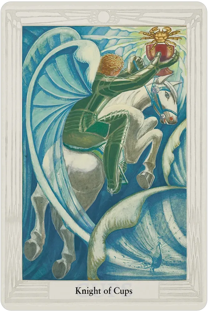 Thoth Tarot Knight of Cups card showing a knight in green armor on a white horse holding a chalice aloft in swirling blue and white patterns.