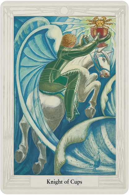 Thoth Tarot Knight of Cups card showing a knight in green armor on a white horse holding a chalice aloft in swirling blue and white patterns.