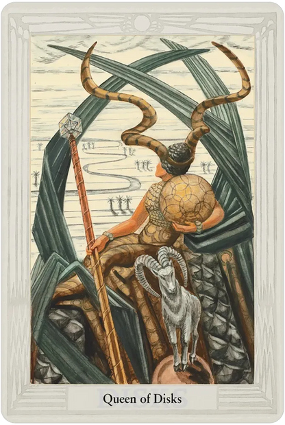 Thoth Tarot Empress card featuring a regal horned figure holding a globe and staff surrounded by lush greenery and a small goat.