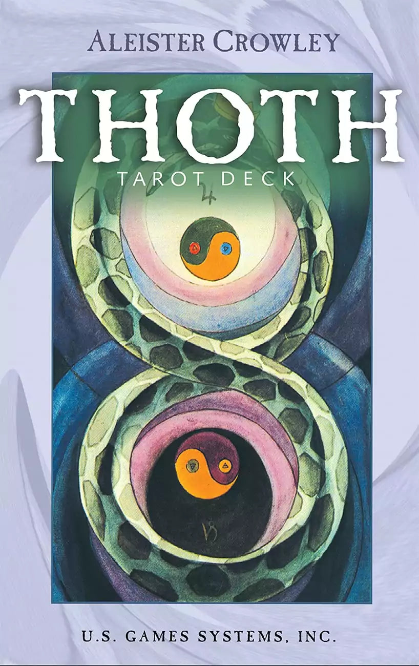 Thoth Tarot pocket deck in purple edition box showing Crowley-Harris miniature cards with distinctive geometric triangular artwork