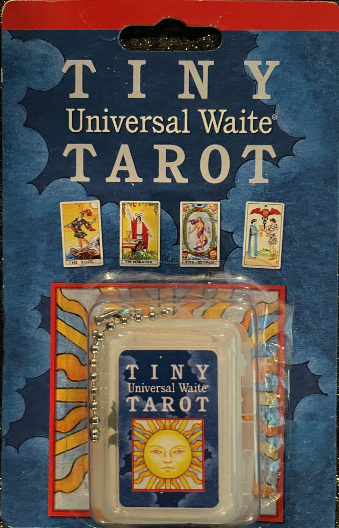 Tiny Universal Waite tarot keychain with 78 miniature Rider-Waite-Smith cards in colourful retail packaging.