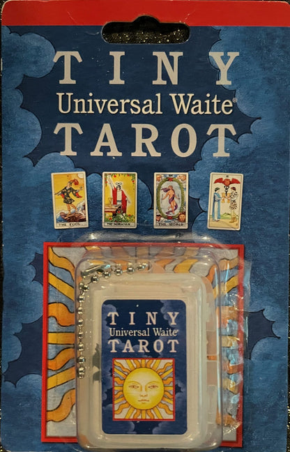 Tiny Universal Waite tarot keychain with 78 miniature Rider-Waite-Smith cards in colourful retail packaging.