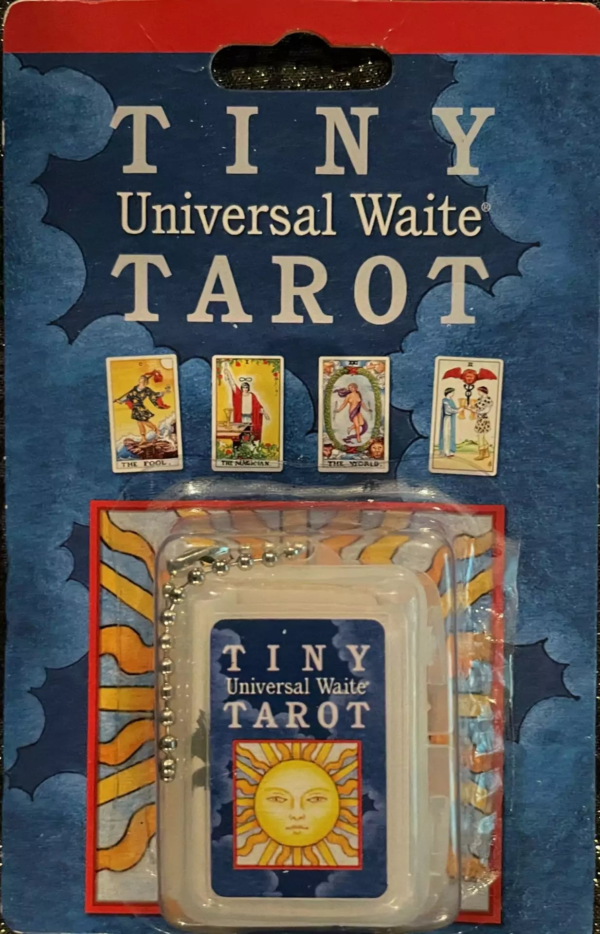 Tiny Universal Waite tarot keychain with 78 miniature Rider-Waite-Smith cards in colourful retail packaging.